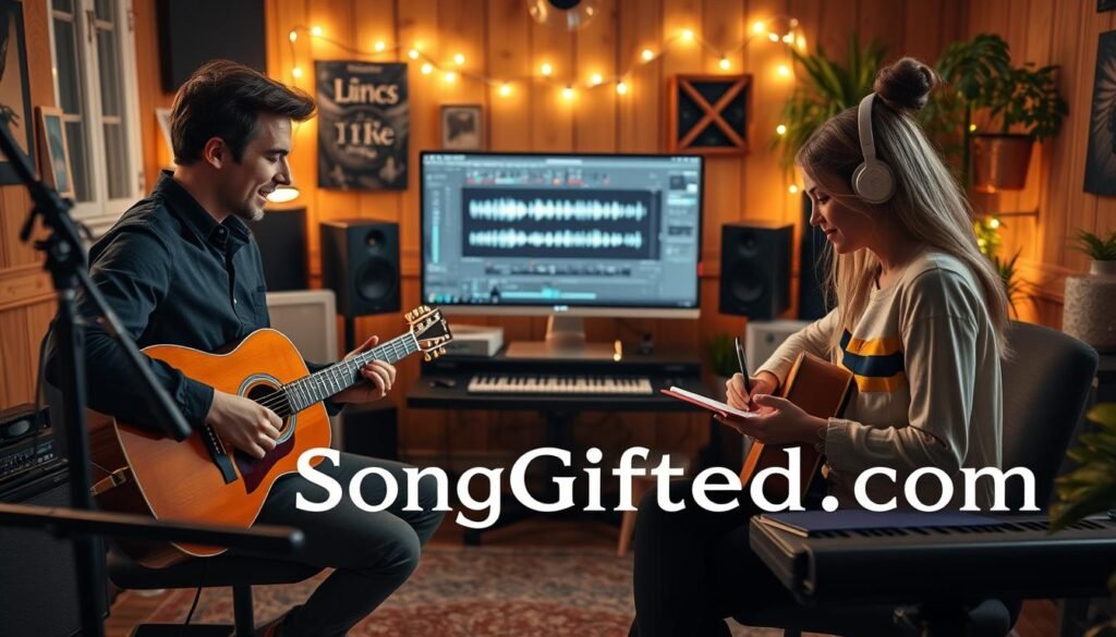 A cozy, well-lit home studio filled with musical instruments like a guitar and keyboard. In the foreground, a diverse duo—one male and one female, both in professional casual attire—are engaged in a brainstorming session, surrounded by notebooks and recording equipment. The male is strumming a guitar while the female is jotting down notes, capturing emotions. In the middle, a large computer screen displays a digital audio workstation filled with sound waves and music tracks. In the background, soft fairy lights create a warm, inviting atmosphere, enhancing the mood of creativity and connection. The room’s wooden decor and plants add a touch of warmth, symbolizing the personal nature of song creation. Logo "SongGifted.com" subtly integrated into the studio space design. A cozy, well-lit home studio filled with musical instruments like a guitar and keyboard. In the foreground, a diverse duo—one male and one female, both in professional casual attire—are engaged in a brainstorming session, surrounded by notebooks and recording equipment. The male is strumming a guitar while the female is jotting down notes, capturing emotions. In the middle, a large computer screen displays a digital audio workstation filled with sound waves and music tracks. In the background, soft fairy lights create a warm, inviting atmosphere, enhancing the mood of creativity and connection. The room’s wooden decor and plants add a touch of warmth, symbolizing the personal nature of song creation. Logo "SongGifted.com" subtly integrated into the studio space design.