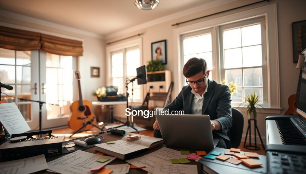 A cozy, well-lit home studio setting where creativity thrives. In the foreground, a person in smart casual attire, deeply focused on a laptop, surrounded by musical instruments like a guitar and keyboard. Sheets of handwritten lyrics and colorful sticky notes outline various song ideas scattered around. The middle ground features sound equipment, a small microphone, and a cozy armchair, suggesting a space of inspiration. In the background, large windows allow soft, warm sunlight to filter in, casting gentle reflections and creating an inviting atmosphere. Airy and bright, the mood evokes the joy of crafting unique, heartfelt custom songs that capture personal memories. A subtle logo of "SongGifted.com" is integrated into the decor, emphasizing the custom song creation process. A cozy, well-lit home studio setting where creativity thrives. In the foreground, a person in smart casual attire, deeply focused on a laptop, surrounded by musical instruments like a guitar and keyboard. Sheets of handwritten lyrics and colorful sticky notes outline various song ideas scattered around. The middle ground features sound equipment, a small microphone, and a cozy armchair, suggesting a space of inspiration. In the background, large windows allow soft, warm sunlight to filter in, casting gentle reflections and creating an inviting atmosphere. Airy and bright, the mood evokes the joy of crafting unique, heartfelt custom songs that capture personal memories. A subtle logo of "SongGifted.com" is integrated into the decor, emphasizing the custom song creation process.