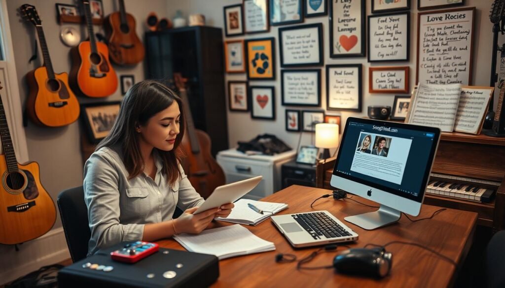 A cozy workspace adorned with musical instruments, such as a guitar and piano, set in soft, warm lighting that creates an inviting ambiance. In the foreground, a focused young couple, dressed in smart casual attire, sits together at a wooden desk, brainstorming ideas with a notebook and a laptop, where the SongGifted.com website is open. The middle ground features a sound mixer and sheet music, while a colorful wall filled with framed love song lyrics forms the background. The atmosphere is creative and romantic, illustrating the easy process of crafting a custom love song together, conveying the joy and intimacy of the experience. A cozy workspace adorned with musical instruments, such as a guitar and piano, set in soft, warm lighting that creates an inviting ambiance. In the foreground, a focused young couple, dressed in smart casual attire, sits together at a wooden desk, brainstorming ideas with a notebook and a laptop, where the SongGifted.com website is open. The middle ground features a sound mixer and sheet music, while a colorful wall filled with framed love song lyrics forms the background. The atmosphere is creative and romantic, illustrating the easy process of crafting a custom love song together, conveying the joy and intimacy of the experience.