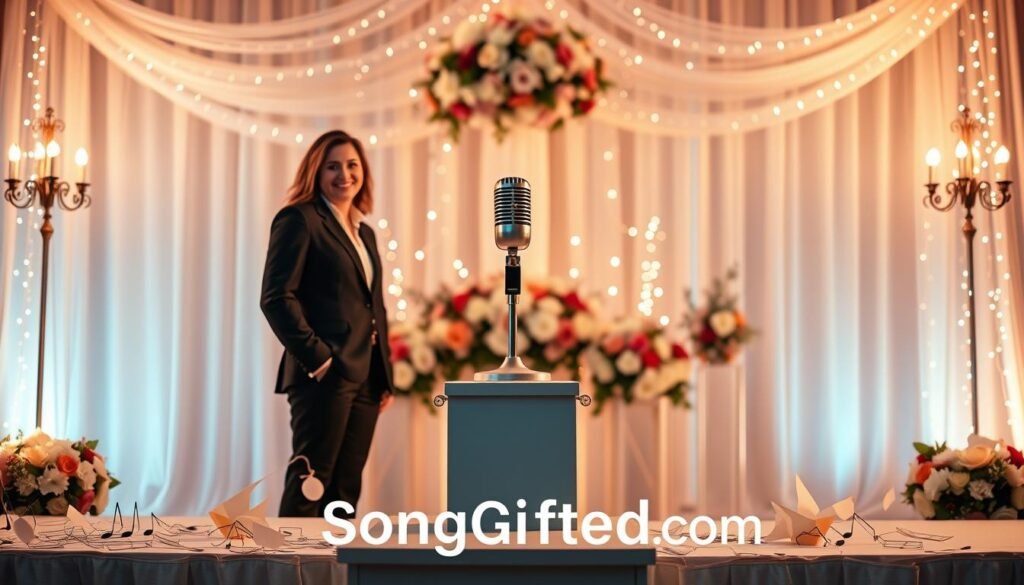 A creative anniversary song presentation setup, featuring a beautifully decorated stage with elegant lighting that exudes warmth and romance. In the foreground, a sophisticated couple dressed in professional business attire, standing together and smiling, surrounded by musical notes and soft glowing lights. In the middle, a vintage microphone stands on a pedestal, symbolizing the heart of the song presentation, with a backdrop of tasteful floral arrangements and shimmering fairy lights. The background features a soft bokeh effect, enhancing the atmosphere of celebration and intimacy. The scene is captured with a warm color palette, evoking feelings of joy and love, with the brand name "SongGifted.com" subtly integrated into the design, unobtrusive yet present.
