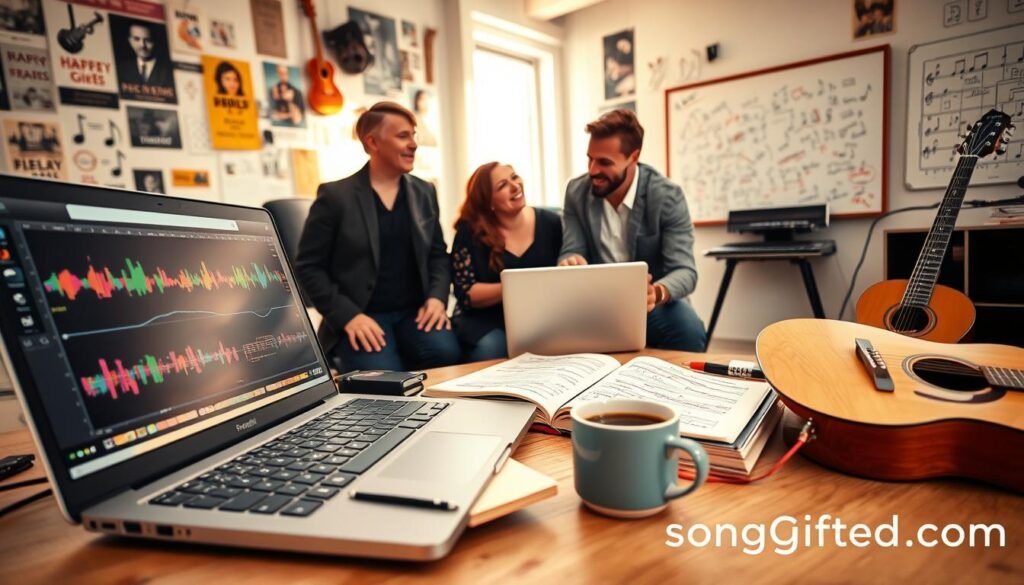 A creative workspace bustling with energy, showcasing the custom song creation process. In the foreground, a modern laptop displays a music composition software interface with colorful waveforms and notes. Beside it, a busy notepad filled with handwritten lyrics and ideas, surrounded by a steaming cup of coffee and a guitar. In the middle ground, a diverse group of two individuals, a male and a female, both in smart casual attire, collaborating enthusiastically over the laptop, deep in discussion and laughter. In the background, a wall adorned with music posters and a whiteboard filled with brainstorming ideas, soft natural light streaming through a window, creating an inviting atmosphere. This scene captures the essence of creativity and teamwork in crafting a personalized anniversary song for the perfect gift. No text or logos visible except for "SongGifted.com" subtly integrated into the workspace.