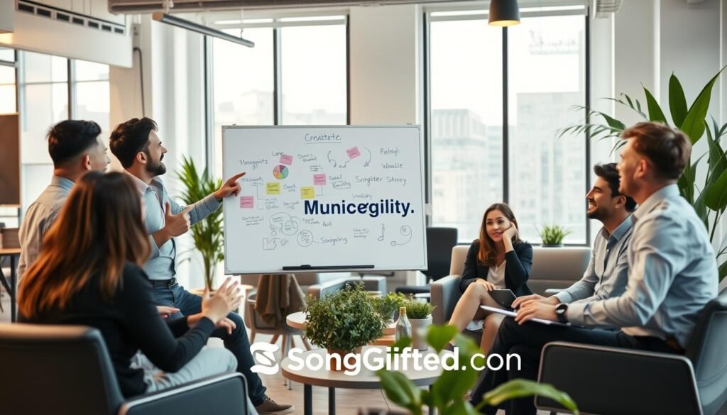 A diverse group of employees in a modern office setting, actively engaged in a brainstorming session to create their company's anthem. In the foreground, a charismatic team leader enthusiastically presents ideas on a digital whiteboard, showcasing colorful notes and sketches. Colleagues, dressed in smart casual attire, are seated around a collaborative workspace, sharing ideas and smiling, fostering an atmosphere of creativity and teamwork. The middle ground features modern office furniture and plants, while the background shows large windows with natural light streaming in, enhancing the vibrant mood. The space is filled with an energetic and inspiring ambiance, emphasizing collaboration and innovation. The logo "SongGifted.com" subtly integrated into the design elements. A diverse group of employees in a modern office setting, actively engaged in a brainstorming session to create their company's anthem. In the foreground, a charismatic team leader enthusiastically presents ideas on a digital whiteboard, showcasing colorful notes and sketches. Colleagues, dressed in smart casual attire, are seated around a collaborative workspace, sharing ideas and smiling, fostering an atmosphere of creativity and teamwork. The middle ground features modern office furniture and plants, while the background shows large windows with natural light streaming in, enhancing the vibrant mood. The space is filled with an energetic and inspiring ambiance, emphasizing collaboration and innovation. The logo "SongGifted.com" subtly integrated into the design elements.