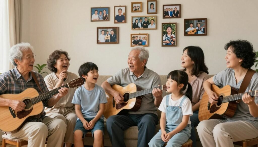 A family gathering where multiple generations are enjoying a personalized song together