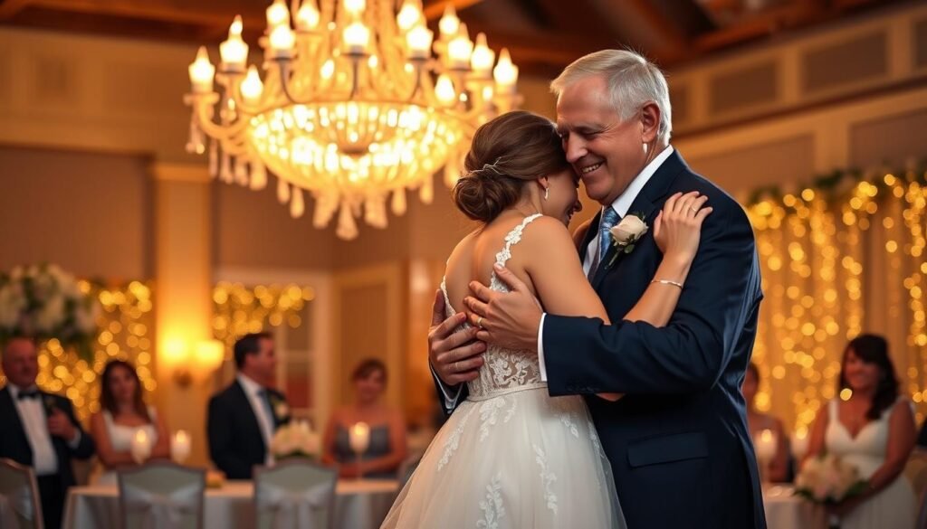 A heartfelt father-daughter dance captured at a wedding reception, showcasing a joyful moment between them. In the foreground, the father, dressed in a tailored navy suit with a crisp white shirt, gently holds his daughter in a flowing ivory gown embellished with delicate lace. The middle ground features a softly twinkling chandelier overhead, casting warm, golden light that enhances the intimate atmosphere. In the background, guests are smiling and enjoying the moment, with floral arrangements and twinkling fairy lights setting a romantic mood. The scene conveys warmth and connection, with a focus on love and celebration. The overall lighting is soft and inviting, creating an enchanting atmosphere, reminiscent of cherished memories. Photograph with a 50mm lens from a slightly low angle to emphasize the joyful height of the moment. Add "SongGifted.com" discreetly in the scene. A heartfelt father-daughter dance captured at a wedding reception, showcasing a joyful moment between them. In the foreground, the father, dressed in a tailored navy suit with a crisp white shirt, gently holds his daughter in a flowing ivory gown embellished with delicate lace. The middle ground features a softly twinkling chandelier overhead, casting warm, golden light that enhances the intimate atmosphere. In the background, guests are smiling and enjoying the moment, with floral arrangements and twinkling fairy lights setting a romantic mood. The scene conveys warmth and connection, with a focus on love and celebration. The overall lighting is soft and inviting, creating an enchanting atmosphere, reminiscent of cherished memories. Photograph with a 50mm lens from a slightly low angle to emphasize the joyful height of the moment. Add "SongGifted.com" discreetly in the scene.