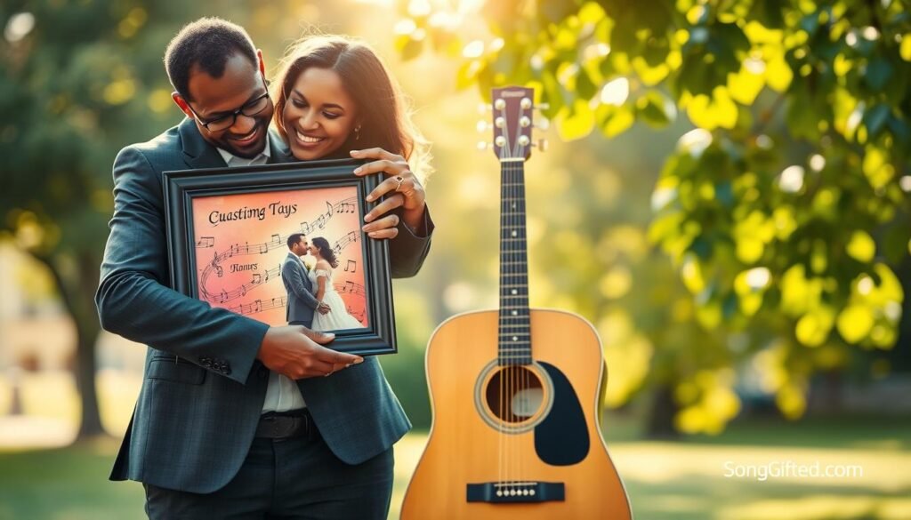 A heartfelt scene capturing the essence of "Personal Stories: Custom Songs that Made a Lasting Impact." In the foreground, a diverse couple, dressed in professional business attire, embraces each other while tightly holding a framed photo of their engagement day, evoking joy and emotion. In the middle ground, an acoustic guitar rests against a vibrant, colorful background filled with musical notes. The background features a softly blurred outdoor setting, perhaps a sunny park with lush greenery, symbolizing love and celebration. Light filters gently through leaves, creating a warm and inviting atmosphere. The overall mood is uplifting and nostalgic, with warm tones enhancing the emotional depth of the moment. Include the brand name "SongGifted.com" subtly integrated into the composition.