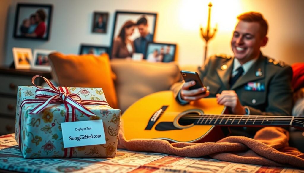 A heartfelt scene capturing the essence of a unique deployment gift: in the foreground, a beautifully decorated package adorned with ribbons and a small card labeled "SongGifted.com." Beside it, an acoustic guitar rests gently on a table covered with warm, cozy fabrics, evoking a sense of comfort and connection. In the middle ground, a soldier in professional attire smiles softly while holding a smartphone, listening to a custom song, his eyes reflecting nostalgia and warmth. The background features a softly lit room with family photos, capturing cherished memories and love. The lighting is warm and inviting, creating an emotional atmosphere that resonates with the theme of sending love overseas. The overall mood is intimate and uplifting, highlighting the significance of music as a personal and meaningful gift. A heartfelt scene capturing the essence of a unique deployment gift: in the foreground, a beautifully decorated package adorned with ribbons and a small card labeled "SongGifted.com." Beside it, an acoustic guitar rests gently on a table covered with warm, cozy fabrics, evoking a sense of comfort and connection. In the middle ground, a soldier in professional attire smiles softly while holding a smartphone, listening to a custom song, his eyes reflecting nostalgia and warmth. The background features a softly lit room with family photos, capturing cherished memories and love. The lighting is warm and inviting, creating an emotional atmosphere that resonates with the theme of sending love overseas. The overall mood is intimate and uplifting, highlighting the significance of music as a personal and meaningful gift.
