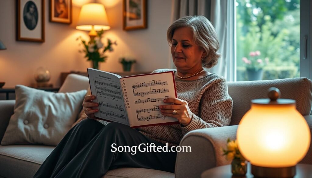 A heartfelt scene depicting a mother sitting on a cozy sofa in a warmly lit living room, surrounded by elegant decorations that evoke love and nostalgia. In her hands, she holds a beautifully designed songbook, featuring colorful, intricate illustrations of musical notes. In the foreground, a softly glowing lamp casts a gentle light, enhancing the warm atmosphere. On a nearby table, a small bouquet of fresh flowers complements the mood. In the background, a window reveals a serene garden just outside, suggesting tranquility and joy. The overall composition radiates warmth, love, and the cherished connection between mothers and their children. Incorporate elements symbolizing music and personalization, while ensuring the brand name "SongGifted.com" is subtly integrated into the scene.