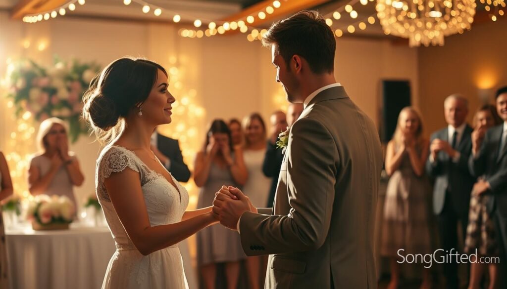 A heartfelt wedding dance scene unfolding under soft, warm fairy lights. In the foreground, a couple is sharing a tender moment, gazing into each other's eyes as they sway to their personalized song. The bride, in an elegant, modest lace gown, and the groom, dressed in a classic tailored suit, exude an atmosphere of deep emotion and connection. In the middle ground, guests of various ages are captured in joyful delight, some wiping away tears, others smiling broadly, reflecting the power of love through music. The background features a beautifully decorated reception area with floral arrangements and twinkling lights, enhancing the romantic setting. The lighting is warm and inviting, reminiscent of golden hour, creating an intimate ambiance. This image beautifully represents the essence of unique love stories expressed through song, with the subtle branding of "SongGifted.com" integrated into the design.