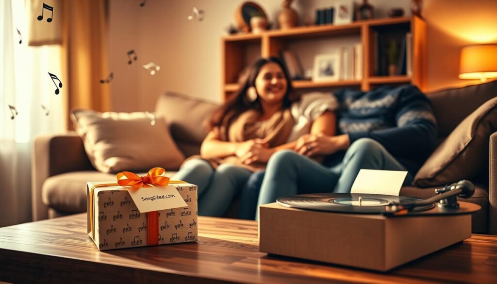 A heartwarming scene depicting a couple sitting on a cozy couch in a softly lit room, surrounded by musical notes floating in the air, symbolizing their emotional connection through personalized songs. In the foreground, a beautifully designed gift box with a small card labeled "SongGifted.com" rests on a coffee table, radiating warmth. The middle ground features a record player, softly spinning a vinyl, capturing the essence of nostalgia and intimacy. The background shows a bookshelf filled with personal mementos, enhancing the sentimental atmosphere. The lighting is warm and inviting, casting gentle shadows and highlighting the couple's expressions of joy and connection. Capture this moment from a slightly elevated angle to emphasize the depth of their relationship and the unique gift of music that binds them.