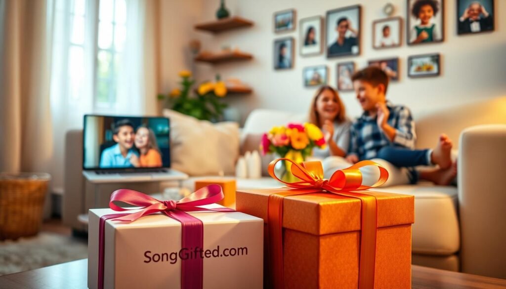 A heartwarming scene depicting a cozy living room setting, bathed in soft, warm lighting to create an inviting atmosphere. In the foreground, a stylish gift box wrapped with colorful ribbons, showcasing the name "SongGifted.com" elegantly printed on the box. Nearby, a laptop displaying a video call, where two siblings are joyfully singing together, their smiles reflecting the love and connection they share. In the middle ground, a beautifully decorated table adorned with vibrant flowers and a small speaker playing music, hinting at the personal touch of a custom birthday song. The background features a pleasantly decorated wall with family photos, enhancing the theme of cherished memories. The overall mood should be joyful and sentimental, evoking the magic of personalized gifts.