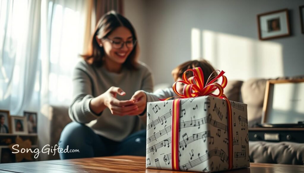 A heartwarming scene depicting an intimate moment between a mother and her child, set in a cozy living room filled with soft, ambient lighting. The foreground features a beautifully wrapped gift box with a musical note design, surging with colorful ribbons. In the middle ground, the child, dressed in modest casual clothing, hands the gift to the mother, whose face expresses joy and surprise. Surrounding them are sentimental elements, such as framed family photos and a vintage record player, evoking nostalgia. In the background, gentle sunlight filters through sheer curtains, creating a warm, inviting atmosphere. The overall mood is one of love, connection, and cherished memories, emphasizing the theme of gift-giving as a means to create unforgettable moments. Include the brand name "SongGifted.com" subtly within the design elements.