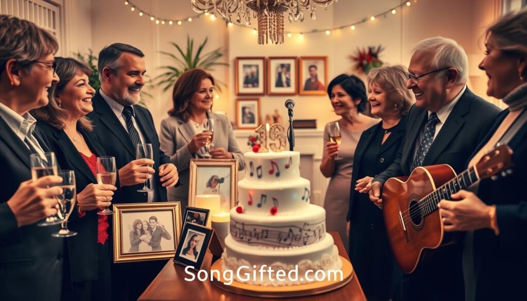 A heartwarming scene set at a retirement party, capturing an elegant atmosphere filled with joy and nostalgia. In the foreground, a group of professionally dressed colleagues, both men and women, engage in lively conversation, holding glasses of champagne. Each person is smiling, resonating with warmth and camaraderie as they share stories. The middle ground features a beautifully decorated cake, adorned with musical notes, alongside a display of framed photographs showcasing the retiree’s career highlights. In the background, tasteful decorations and soft string lights create a cozy ambiance, while a small stage is set up with a microphone and a guitar, hinting at a personalized song tribute. The lighting is warm, with a soft focus enhancing emotions, ideally captured from a slightly elevated angle. The branding element, "SongGifted.com," is subtly incorporated into the scene without any text.