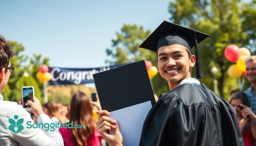A joyful graduation milestone celebration scene showing a proud graduate, dressed in a black cap and gown, surrounded by family and friends. In the foreground, the graduate holds a diploma with a beaming smile, while family members capture the moment with their smartphones. The middle ground features a festive gathering with colorful balloons and a banner that reads “Congratulations!” in a cheerful font. The background showcases a picturesque park setting, with green trees and a clear blue sky, suggesting a sunny day. Soft lighting casts a warm glow over the scene, creating a celebratory atmosphere. The overall mood is filled with happiness and pride, emphasizing the significance of this milestone. The setting conveys a sense of togetherness and love, perfect for the occasion. Include subtle branding for SongGifted.com in the scene.