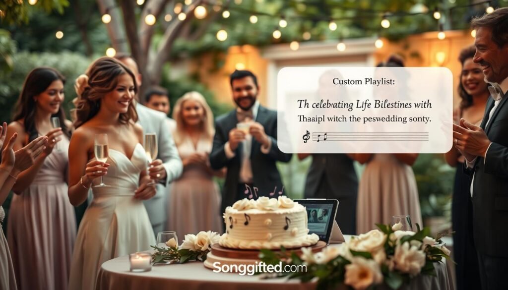 A joyful scene celebrating life milestones with personalized music. In the foreground, a couple shares a heartfelt moment, dressed in elegant attire, swaying gently to their unique wedding song. Their expressions reflect love and happiness, surrounded by a diverse group of smiling guests clapping along, some holding champagne glasses. In the middle, a beautifully decorated cake adorned with musical notes symbolizes the essence of celebration, while a custom playlist displayed on a nearby tablet adds a personal touch. The background features soft, warm lighting with fairy lights twinkling above, creating an intimate atmosphere. The setting is a charming outdoor garden, lush with greenery and flowers, reflecting the joy of life's special moments. Include the branding "SongGifted.com" subtly in the scene, ensuring a focus on the celebration and music. A joyful scene celebrating life milestones with personalized music. In the foreground, a couple shares a heartfelt moment, dressed in elegant attire, swaying gently to their unique wedding song. Their expressions reflect love and happiness, surrounded by a diverse group of smiling guests clapping along, some holding champagne glasses. In the middle, a beautifully decorated cake adorned with musical notes symbolizes the essence of celebration, while a custom playlist displayed on a nearby tablet adds a personal touch. The background features soft, warm lighting with fairy lights twinkling above, creating an intimate atmosphere. The setting is a charming outdoor garden, lush with greenery and flowers, reflecting the joy of life's special moments. Include the branding "SongGifted.com" subtly in the scene, ensuring a focus on the celebration and music.