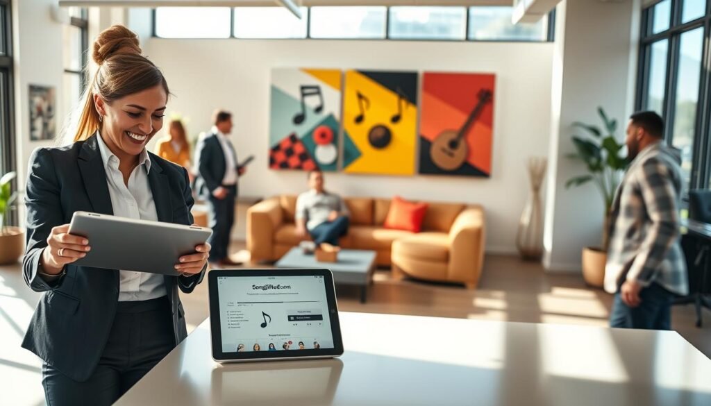A modern office setting showcasing a personalized music service, featuring a diverse group of employees joyfully engaging with a sleek tablet that displays the interface of "SongGifted.com." In the foreground, a cheerful woman in professional business attire navigates the app, while a man beside her nods in appreciation of a custom song playing softly in the background. The middle ground includes a cozy lounge area with vibrant artwork depicting musical notes and instruments on the walls, creating an inviting atmosphere. In the background, large windows flood the space with warm, natural light, enhancing the upbeat mood. Soft shadows are cast across the room, emphasizing a friendly work environment where creativity blossoms through personalized music experiences. A modern office setting showcasing a personalized music service, featuring a diverse group of employees joyfully engaging with a sleek tablet that displays the interface of "SongGifted.com." In the foreground, a cheerful woman in professional business attire navigates the app, while a man beside her nods in appreciation of a custom song playing softly in the background. The middle ground includes a cozy lounge area with vibrant artwork depicting musical notes and instruments on the walls, creating an inviting atmosphere. In the background, large windows flood the space with warm, natural light, enhancing the upbeat mood. Soft shadows are cast across the room, emphasizing a friendly work environment where creativity blossoms through personalized music experiences.