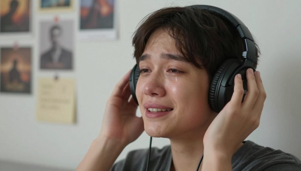 A person emotionally listening to their personalized song with headphones