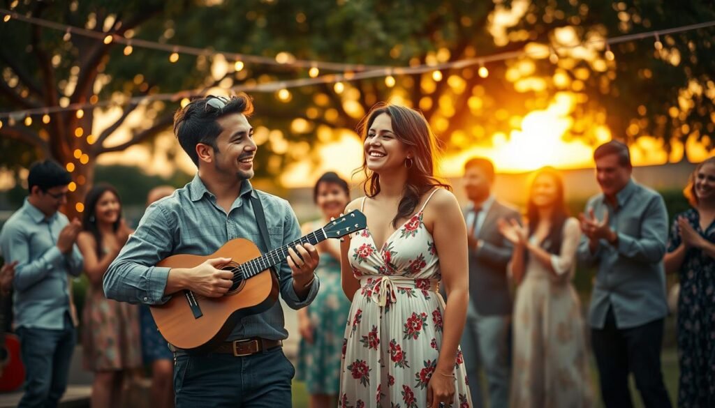 A romantic outdoor scene filled with warmth and joy, showcasing a couple celebrating a special moment together through music. In the foreground, a man in smart casual attire holds a small, decorative guitar, strumming a heartfelt tune, while his partner, dressed in a flowing summer dress, smiles with tears of joy streaming down her face. In the middle ground, friends and family gather around, clapping and swaying to the music, their expressions filled with happiness and admiration. The background features soft fairy lights strung between trees, creating a magical atmosphere as the sun sets, casting a golden hue on the scene. The lens captures the moment from a slightly elevated angle, emphasizing the emotions and connections among the people celebrating. The overall mood is warm, intimate, and celebratory, reflecting the essence of life's special moments through music. Brand name: SongGifted.com.
