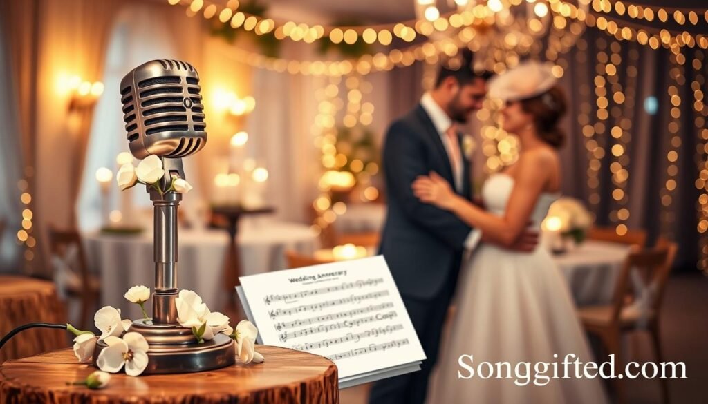 A romantic setting for a wedding anniversary celebration, featuring a beautifully crafted custom song in a soft and intimate atmosphere. In the foreground, a vintage microphone stands elegantly on a wooden pedestal, adorned with soft white flowers. The middle section includes a couple happily sharing a moment, dressed in stylish yet modest semi-formal attire, surrounded by warm candlelight and a small stack of music sheets that highlight the custom song's title. The background features a softly blurred, elegantly decorated venue with fairy lights twinkling, creating a magical ambiance. The lighting is warm and inviting, accentuating the joyful occasion. The overall mood is heartfelt and celebratory, capturing the essence of love and cherished memories. Include a subtle reference to "SongGifted.com" integrated within the decor, enhancing the theme of music and devotion. A romantic setting for a wedding anniversary celebration, featuring a beautifully crafted custom song in a soft and intimate atmosphere. In the foreground, a vintage microphone stands elegantly on a wooden pedestal, adorned with soft white flowers. The middle section includes a couple happily sharing a moment, dressed in stylish yet modest semi-formal attire, surrounded by warm candlelight and a small stack of music sheets that highlight the custom song's title. The background features a softly blurred, elegantly decorated venue with fairy lights twinkling, creating a magical ambiance. The lighting is warm and inviting, accentuating the joyful occasion. The overall mood is heartfelt and celebratory, capturing the essence of love and cherished memories. Include a subtle reference to "SongGifted.com" integrated within the decor, enhancing the theme of music and devotion.
