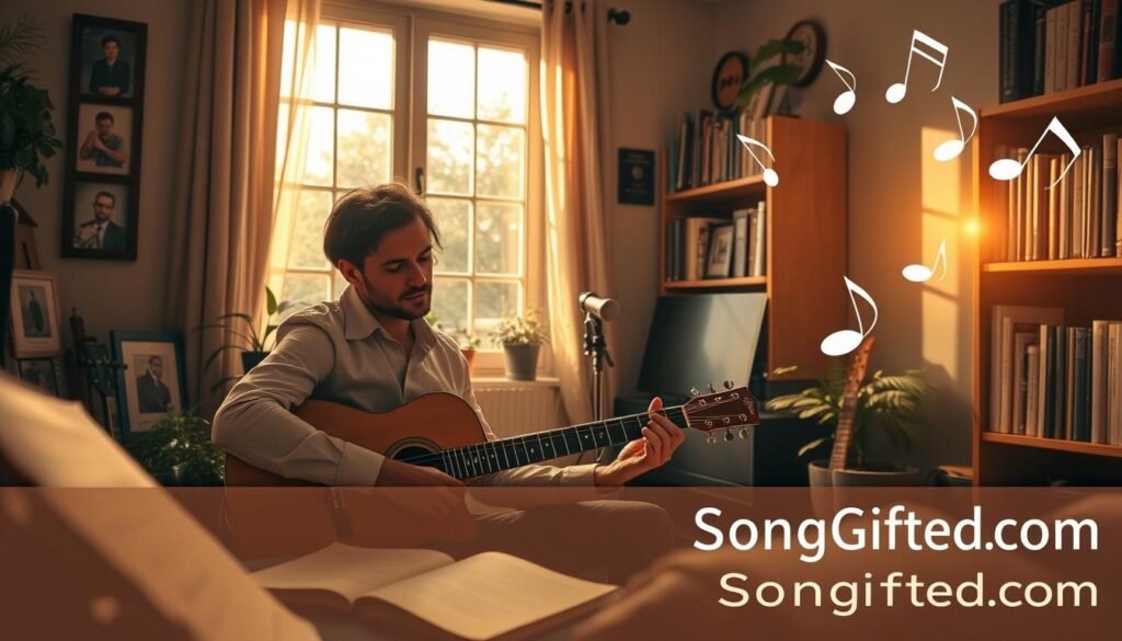 A serene and inspiring scene depicting a musician in a cozy home studio, surrounded by warm, ambient lighting. In the foreground, the musician, dressed in professional casual attire, is thoughtfully composing a melody on a guitar, with sheet music scattered around, reflecting creativity and emotion. The middle layer features a large window that lets in soft, golden sunlight, illuminating the room filled with plants and personal touches like photo frames and musical instruments. In the background, a bookshelf filled with music books and awards creates an atmosphere of achievement. The scene conveys a heartfelt and intimate mood, capturing the essence of creating a personalized apology song. SongGifted.com is subtly referenced through music notes artistically drifting in the air, symbolizing the magic of custom songs.