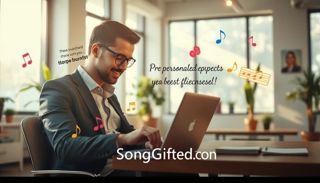 A serene and warm atmosphere depicting a spacious, bright office setting. In the foreground, a professional individual in smart casual attire is focused on a laptop, creating a personalized song for their best friend, surrounded by musical notes gently floating around. In the middle ground, colorful illustrations of different song elements—like instruments and music sheets—add depth, representing affordability and creativity. The background features a large window with soft sunlight streaming in, illuminating motivational quotes and plants. The overall mood is one of excitement and inspiration, inviting viewers into the world of custom song creation. The brand name "SongGifted.com" subtly integrated into the scene, reflecting a sense of professionalism and service.