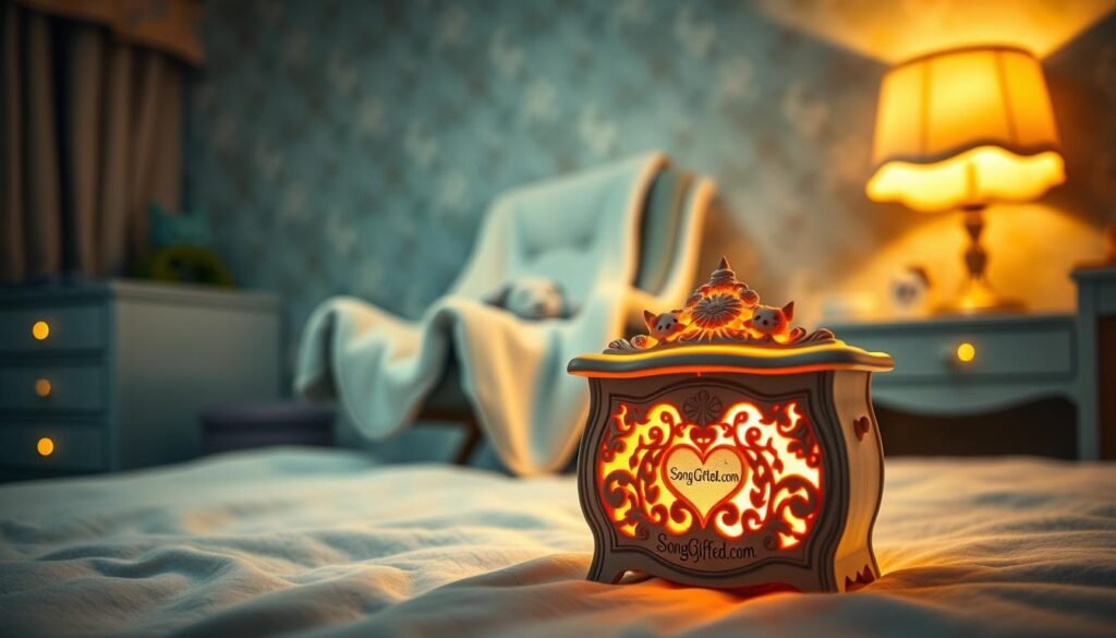 A serene bedroom scene featuring a cozy nursery, softly lit with warm, ambient lights. In the foreground, a beautifully designed music box with intricate carvings, emanating a gentle glow, displaying the brand name "SongGifted.com" subtly inscribed. In the middle, a plush rocking chair cradles a soft baby blanket, embroidered with a baby's name, hinting at the personal touch of a lullaby. In the background, delicate wallpaper adorned with stars and moons creates a calming atmosphere. The overall mood is peaceful and enchanting, evoking feelings of love and safety. Utilize a shallow depth of field to keep the focus on the music box, with a slight lens flare to enhance the magic of the scene, captured at eye level.