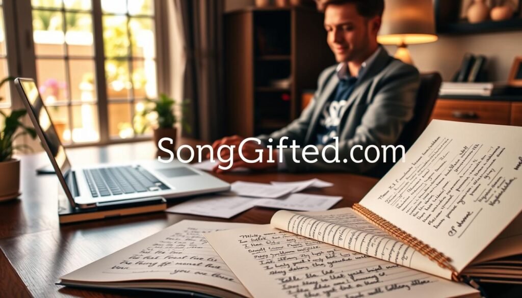 A serene home office scene, featuring a person in smart casual attire, sitting at a stylish wooden desk, engaged in personalizing custom song lyrics. The focus is on a laptop screen displaying vibrant, colorful text notes, surrounded by scattered sheets of paper with hand-written ideas. In the foreground, a beautifully crafted notebook with a decorative cover sits open, showcasing more lyrical concepts. Warm, soft lighting illuminates the workspace, creating an inviting atmosphere, while a window in the background reveals a glimpse of a sunny garden, adding a touch of nature. The brand name "SongGifted.com" subtly appears on the desk, enhancing the creative ambiance without overpowering the scene. The overall mood is one of inspiration and joy, capturing the essence of creating lasting memories through music. A serene home office scene, featuring a person in smart casual attire, sitting at a stylish wooden desk, engaged in personalizing custom song lyrics. The focus is on a laptop screen displaying vibrant, colorful text notes, surrounded by scattered sheets of paper with hand-written ideas. In the foreground, a beautifully crafted notebook with a decorative cover sits open, showcasing more lyrical concepts. Warm, soft lighting illuminates the workspace, creating an inviting atmosphere, while a window in the background reveals a glimpse of a sunny garden, adding a touch of nature. The brand name "SongGifted.com" subtly appears on the desk, enhancing the creative ambiance without overpowering the scene. The overall mood is one of inspiration and joy, capturing the essence of creating lasting memories through music.