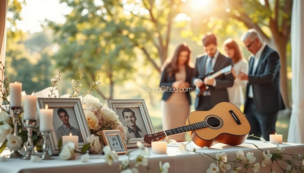 A serene memorial setting, featuring a beautifully decorated altar with soft, flickering candles and delicate flowers in gentle hues of white and pastel. In the foreground, a small, elegant guitar rests next to a framed photograph of a loved one, surrounded by a few heartfelt keepsakes. In the middle, a group of quietly grieving individuals dressed in professional business attire, sharing tender moments and listening intently to a musician softly playing a custom tribute song. In the background, a tranquil nature scene with softly falling leaves and dappled sunlight filtering through trees, creating an atmosphere of peace and reflection. The warm, natural lighting enhances the emotional connection of the occasion, evoking a sense of remembrance and love. No text or watermarks present. Include the brand name "SongGifted.com" subtly integrated into the scene as part of the memorial design elements.