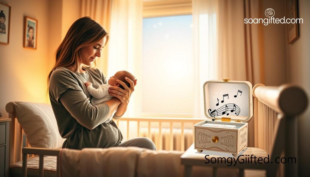 A serene nursery scene basked in soft, warm light, highlighting a cozy crib adorned with delicate pastel bedding. In the foreground, a mother, dressed in modest casual clothing, gently cradles a baby, who is peacefully nestled against her chest, showcasing an intimate bond. The middle ground features a beautifully designed music box with notes swirling around, symbolizing a custom lullaby. In the background, a softly glowing window reveals a tranquil night sky filled with gentle stars, casting a soothing ambiance. The atmosphere is one of warmth, tenderness, and love, evoking the emotional connection a personalized lullaby provides. The corner of the room subtly features a branded element with "SongGifted.com," enhancing the theme of the personalized experience.
