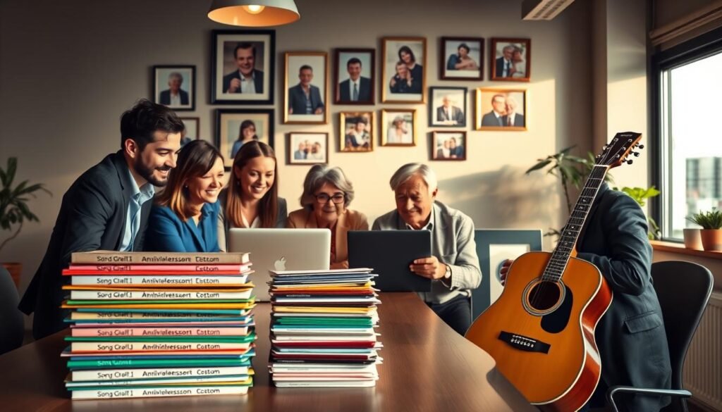 A serene office setting in the foreground featuring a diverse group of four professionals gathered around a laptop, brainstorming about custom songs. They are dressed in smart casual attire, with a warm ambiance created by soft golden lighting. In the middle ground, stacks of colorful folders labeled with different song genres and an acoustic guitar leaning against a desk, symbolizing creativity and collaboration. In the background, a wall adorned with framed photos of happy grandparents celebrating anniversaries, evoking emotional warmth and joy. A window showcasing a sunny day outside adds to the uplifting atmosphere. The overall mood is one of optimism and teamwork, showcasing the journey of overcoming concerns about custom songs. The image should include a subtle branding element for "SongGifted.com" in the design.