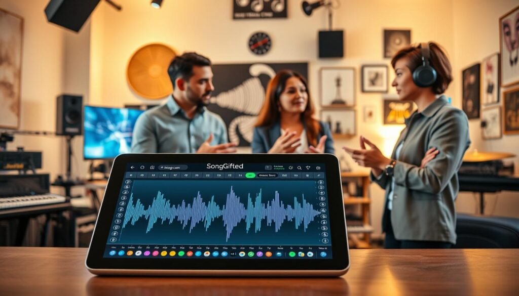 A sleek and modern AI music generator platform interface, prominently featuring the brand logo "SongGifted.com". In the foreground, display a futuristic digital tablet showcasing an interactive music creation application with waveforms, musical notes, and vibrant color indicators representing creativity and innovation. In the middle ground, incorporate diverse professionals in smart casual attire engaged in a collaborative session, discussing the platform's features, with expressions of curiosity and excitement. The background should depict a creative studio setting, filled with sound equipment, musical instruments, and artistic decor, bathed in warm, soft lighting that fosters an imaginative atmosphere. Use a wide-angle lens to capture the dynamic interaction and flow of ideas, evoking a mood of collaboration and ingenuity in the world of AI-driven music composition.