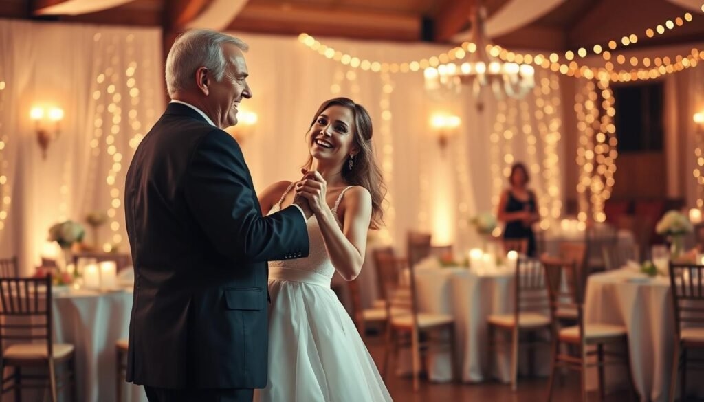 A touching father-daughter dance in a beautifully decorated wedding venue. In the foreground, a loving moment is captured with a father in a smart suit and a daughter in a delicate, flowing wedding dress, both smiling joyfully. In the middle ground, various tables are adorned with elegant floral centerpieces and soft, romantic lighting that casts a warm glow over the scene. Soft fairy lights twinkle in the background, creating a dreamy atmosphere. The angle is slightly elevated to capture the intimacy of the moment, with a focus on their shared connection. The overall mood is filled with warmth, love, and celebration. The image should reflect the essence of making special memories through custom wedding songs. No text or overlays, just a heartfelt moment. SongGifted.com. A touching father-daughter dance in a beautifully decorated wedding venue. In the foreground, a loving moment is captured with a father in a smart suit and a daughter in a delicate, flowing wedding dress, both smiling joyfully. In the middle ground, various tables are adorned with elegant floral centerpieces and soft, romantic lighting that casts a warm glow over the scene. Soft fairy lights twinkle in the background, creating a dreamy atmosphere. The angle is slightly elevated to capture the intimacy of the moment, with a focus on their shared connection. The overall mood is filled with warmth, love, and celebration. The image should reflect the essence of making special memories through custom wedding songs. No text or overlays, just a heartfelt moment. SongGifted.com.