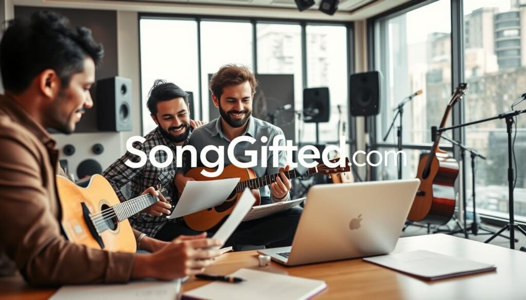 A vibrant and dynamic scene depicting the custom song creation process. In the foreground, a diverse group of three individuals—two men and a woman—are actively engaged in a brainstorming session, surrounded by notebooks, a guitar, and a laptop. They are dressed in smart-casual attire, exuding creativity and professionalism. In the middle ground, a modern recording studio is visible, featuring soundproof panels, microphones, and various musical instruments. The background showcases a large window that allows soft, natural light to flood the space, creating a warm and inviting atmosphere. The mood is collaborative and inspiring, capturing the essence of turning a personal story into a musical masterpiece. The logo "SongGifted.com" subtly incorporated into the scene enhances the theme without being overpowering. A vibrant and dynamic scene depicting the custom song creation process. In the foreground, a diverse group of three individuals—two men and a woman—are actively engaged in a brainstorming session, surrounded by notebooks, a guitar, and a laptop. They are dressed in smart-casual attire, exuding creativity and professionalism. In the middle ground, a modern recording studio is visible, featuring soundproof panels, microphones, and various musical instruments. The background showcases a large window that allows soft, natural light to flood the space, creating a warm and inviting atmosphere. The mood is collaborative and inspiring, capturing the essence of turning a personal story into a musical masterpiece. The logo "SongGifted.com" subtly incorporated into the scene enhances the theme without being overpowering.