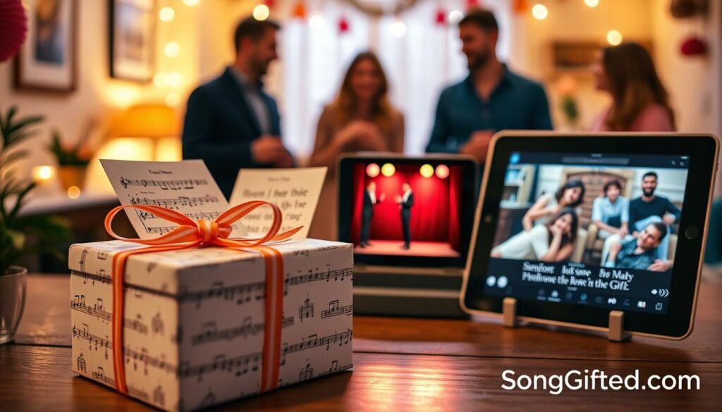 A vibrant and engaging scene showcasing creative song presentation ideas for a baby shower. In the foreground, a beautifully wrapped gift box with musical notes and ribbons, suggesting a custom song inside. In the middle ground, a variety of unique presentation methods: a handmade invitation featuring sheet music, a miniature stage with a microphone, and a tablet displaying a video montage of moments related to the song. In the background, a soft-focused cozy party setting with warm lighting, colorful decorations, and happy guests dressed in casual yet festive attire, capturing an atmosphere of celebration and joy. The overall mood is festive and heartwarming, emphasizing the importance of personalized gifts. Include a subtle branding element for "SongGifted.com" without text, harmonizing with the scene. A vibrant and engaging scene showcasing creative song presentation ideas for a baby shower. In the foreground, a beautifully wrapped gift box with musical notes and ribbons, suggesting a custom song inside. In the middle ground, a variety of unique presentation methods: a handmade invitation featuring sheet music, a miniature stage with a microphone, and a tablet displaying a video montage of moments related to the song. In the background, a soft-focused cozy party setting with warm lighting, colorful decorations, and happy guests dressed in casual yet festive attire, capturing an atmosphere of celebration and joy. The overall mood is festive and heartwarming, emphasizing the importance of personalized gifts. Include a subtle branding element for "SongGifted.com" without text, harmonizing with the scene.