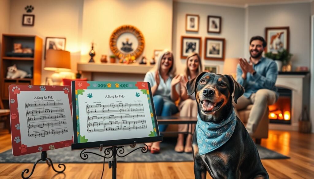 A vibrant and lively scene showcasing creative presentation ideas for custom pet songs. In the foreground, a cheerful dog wearing a festive bandana sits beside a colorful, beautifully designed music stand displaying sheet music titled “A Song for Fido.” The middle layer features a cozy living room setting adorned with playful decorations like paw print patterns and framed photos of pets, while a happy family dressed in casual clothes claps and sings along, radiating joy. The background includes a warm, inviting fireplace with soft, ambient lighting creating a homey atmosphere. Use a wide-angle lens to capture the depth of the room, highlighting the bond between pets and their owners. The overall mood is celebratory and heartwarming, emphasizing the connection through music. Include subtle branding elements for "SongGifted.com" integrated into the decor. A vibrant and lively scene showcasing creative presentation ideas for custom pet songs. In the foreground, a cheerful dog wearing a festive bandana sits beside a colorful, beautifully designed music stand displaying sheet music titled “A Song for Fido.” The middle layer features a cozy living room setting adorned with playful decorations like paw print patterns and framed photos of pets, while a happy family dressed in casual clothes claps and sings along, radiating joy. The background includes a warm, inviting fireplace with soft, ambient lighting creating a homey atmosphere. Use a wide-angle lens to capture the depth of the room, highlighting the bond between pets and their owners. The overall mood is celebratory and heartwarming, emphasizing the connection through music. Include subtle branding elements for "SongGifted.com" integrated into the decor.