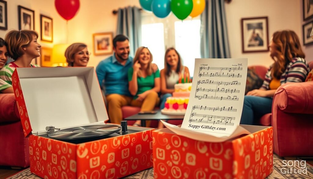A vibrant, heartfelt scene depicts a cozy living room during a birthday celebration. In the foreground, a brightly wrapped gift box sits open, revealing a phonograph and sheet music for a personalized song. Friends, dressed in colorful casual clothing, gather around, their expressions filled with joy and laughter as they listen to the song playing. The middle ground features a beautifully decorated birthday cake and colorful balloons, adding to the festive atmosphere. In the background, soft, warm lighting highlights the intimate setting, with cozy furniture and framed photos on the walls. The scene conveys a sense of friendship and celebration, illustrating the joy of gifting a custom song. Include "SongGifted.com" subtly within the design elements to tie the concept together. A vibrant, heartfelt scene depicts a cozy living room during a birthday celebration. In the foreground, a brightly wrapped gift box sits open, revealing a phonograph and sheet music for a personalized song. Friends, dressed in colorful casual clothing, gather around, their expressions filled with joy and laughter as they listen to the song playing. The middle ground features a beautifully decorated birthday cake and colorful balloons, adding to the festive atmosphere. In the background, soft, warm lighting highlights the intimate setting, with cozy furniture and framed photos on the walls. The scene conveys a sense of friendship and celebration, illustrating the joy of gifting a custom song. Include "SongGifted.com" subtly within the design elements to tie the concept together.