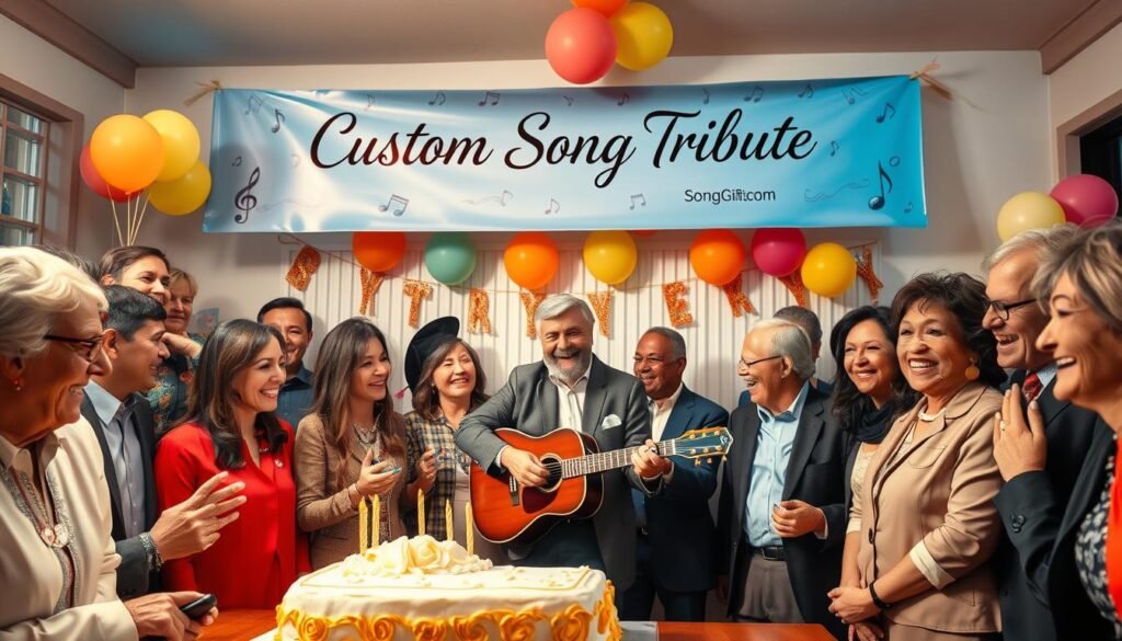 A vibrant, heartwarming scene depicting a retirement party celebration, centered around the concept of a personalized song tribute. In the foreground, a joyful group of diverse, professionally dressed people—men and women of various ages and ethnicities—are gathered around a beautifully decorated cake with gold and silver accents. They are smiling and laughing, some holding musical notes and instruments like a guitar and keyboard. In the middle ground, a musician strums a guitar, engaging the guests, while a vibrant banner reading "Custom Song Tribute" hangs overhead, elegantly designed with musical motifs. The background features colorful balloons and festive decorations, with warm, soft lighting to create an inviting atmosphere. The overall mood is celebratory and sentimental, perfectly embodying the essence of farewell and appreciation. Include the brand logo "SongGifted.com" subtly integrated into the scene.