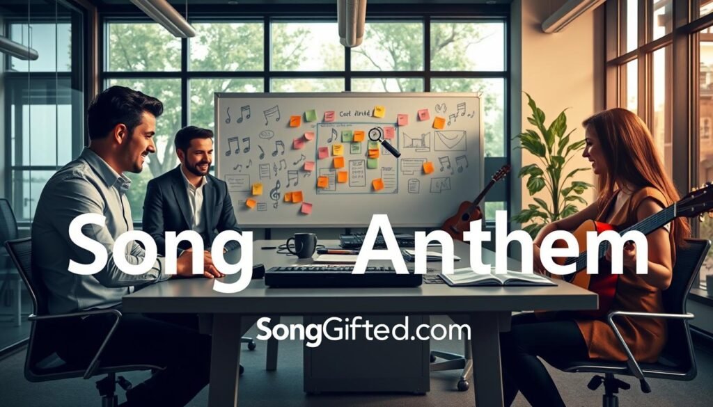 A vibrant office scene depicting the "song creation process" for a corporate anthem. In the foreground, a diverse group of three professionals—two men and one woman—collaborating around a modern conference table, surrounded by musical instruments like a keyboard and acoustic guitar. They are dressed in smart casual attire, looking engaged and enthusiastic. In the middle ground, a large whiteboard filled with colorful sticky notes and music-related sketches, illustrating brainstorming ideas. The background features large windows with daylight streaming in, adding warmth and a creative atmosphere. The entire scene is illuminated with soft, diffused lighting, creating an inviting and energizing mood. The branding “SongGifted.com” subtly integrated into the environment, enhancing the professional yet creative essence of the image.