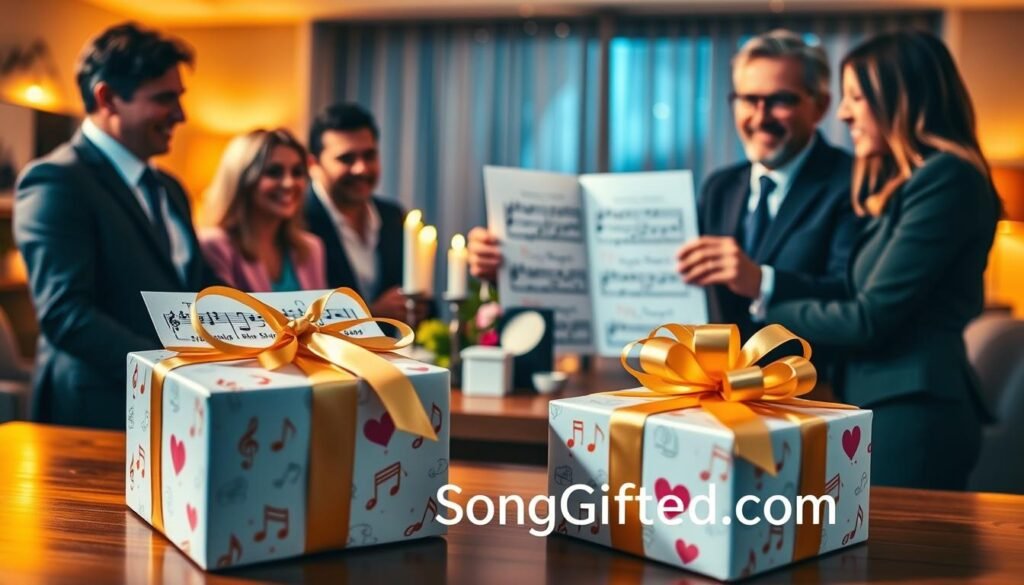 A vibrant scene depicting a celebratory moment centered around a custom charity fundraiser song. In the foreground, a beautifully wrapped gift box with a golden bow symbolizes a unique gift. Surrounding it are joyful individuals dressed in professional business attire, engaging with a custom song sheet featuring notes and vibrant illustrations of music notes and hearts. In the middle, a festively decorated table with candles and flowers enhances the atmosphere. The background captures a soft-focus view of a cozy gathering space with warm ambient lighting, creating an inviting and celebratory mood. The overall composition suggests a harmonious blend of music and philanthropy, emphasizing the essence of special occasions and meaningful gifts. The brand "SongGifted.com" is subtly integrated, enhancing the theme of personalized celebration.