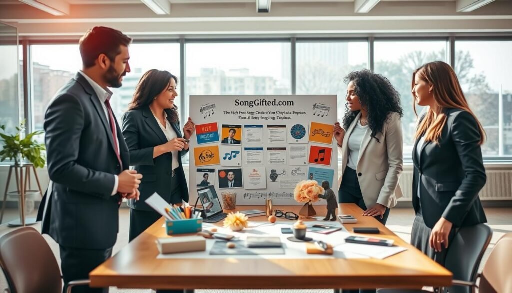 A vibrant scene showcasing a "Custom Song Presentation Ideas" theme for SongGifted.com. In the foreground, a diverse group of four professional individuals, dressed in smart business attire, is engaged in a lively discussion around a beautifully designed presentation board featuring colorful visuals of song themes and artistic elements. In the middle, a tabletop adorned with musical notes, decorative elements, and personal mementos enhances the creativity. The background features a bright, modern meeting room with large windows allowing natural light to flood in, creating an inviting atmosphere. Soft focus on the edges emphasizes the central figures, while warm lighting casts a cheerful glow throughout the space, evoking excitement and inspiration for personalized musical gifts.