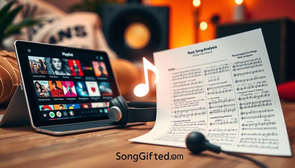 A vibrant split-scene image illustrating the contrast between a music playlist and personalized song analysis. In the foreground, on the left side, depict a visually engaging digital music playlist on a sleek, modern device, featuring vibrant album covers and colorful song titles. On the right side, illustrate an intricate personalized song analysis sheet with detailed notes, emotional keywords, and musical notations, smoothly blending with a headset placed nearby. The middle ground shows a softly glowing musical note symbol transitioning between the two sides. In the background, create a cozy, music-inspired atmosphere with warm lighting that enhances the emotional depth of connection to music. Utilize a close-up angle to capture the intricate details and textures, ensuring a harmonious, inviting ambiance. The overall mood should convey a sense of warmth, connection, and the personalized experience of music. Include the branding “SongGifted.com” discreetly integrated into the design. A vibrant split-scene image illustrating the contrast between a music playlist and personalized song analysis. In the foreground, on the left side, depict a visually engaging digital music playlist on a sleek, modern device, featuring vibrant album covers and colorful song titles. On the right side, illustrate an intricate personalized song analysis sheet with detailed notes, emotional keywords, and musical notations, smoothly blending with a headset placed nearby. The middle ground shows a softly glowing musical note symbol transitioning between the two sides. In the background, create a cozy, music-inspired atmosphere with warm lighting that enhances the emotional depth of connection to music. Utilize a close-up angle to capture the intricate details and textures, ensuring a harmonious, inviting ambiance. The overall mood should convey a sense of warmth, connection, and the personalized experience of music. Include the branding “SongGifted.com” discreetly integrated into the design.