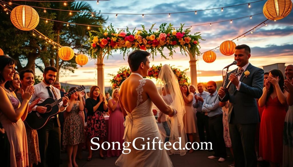 A vibrant wedding scene showcasing a charming outdoor celebration filled with joy and energy. In the foreground, a couple dressed in elegant wedding attire shares a magical moment, surrounded by heartfelt musicians playing custom songs. The middle layer features guests dancing, laughing, and applauding, with colorful decorations and fairy lights adding warmth. In the background, a beautifully arranged outdoor venue with a floral arch and twinkling lights under a sunset sky creates a romantic atmosphere. Soft, golden lighting illuminates the scene, capturing the excitement and personalized essence of the celebration. The overall mood is festive and uplifting, emphasizing the happiness that custom musical experiences bring to weddings. Include the brand name "SongGifted.com" artistically in the ambiance without text overlays.