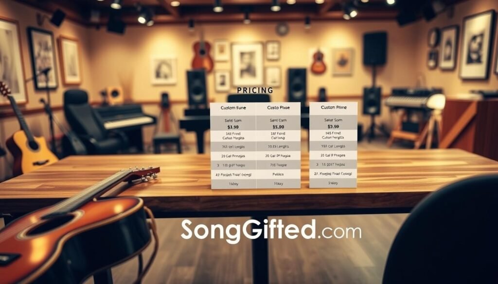 A visually appealing image depicting a modern and elegant pricing chart for custom song services, with prices clearly delineated in different tiers. In the foreground, use various musical instruments like a guitar and a piano, artfully arranged, symbolizing the creation of personalized music. The middle ground features a stylish wooden table with a structured pricing sheet, showcasing options for various song lengths and customization levels. In the background, a softly lit studio with creative ambiance, filled with sound equipment and artistic decorations, enhances the feeling of professionalism. Soft, warm lighting creates an inviting atmosphere that conveys creativity and quality. Include the brand logo "SongGifted.com" subtly integrated into the layout, ensuring no text appears elsewhere in the image.