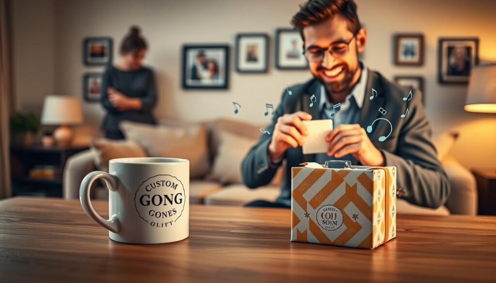A visually engaging comparison of traditional gifts versus personalized musical gifts. In the foreground, a charming wooden table displaying a classic coffee mug alongside a beautifully wrapped gift box labeled "Custom Song" with a logo of SongGifted.com. In the middle ground, a joyful young father in smart-casual attire opens the gift box, revealing a vibrant audio playback device with musical notes dancing around it. In the background, a cozy living room decorated with family photos and soft ambient lighting captures a warm atmosphere. Use a shallow depth of field to emphasize the emotions on the father's face as he experiences the joy of a personalized gift. The mood is uplifting and celebratory, showcasing the uniqueness of custom gifts over traditional ones.
