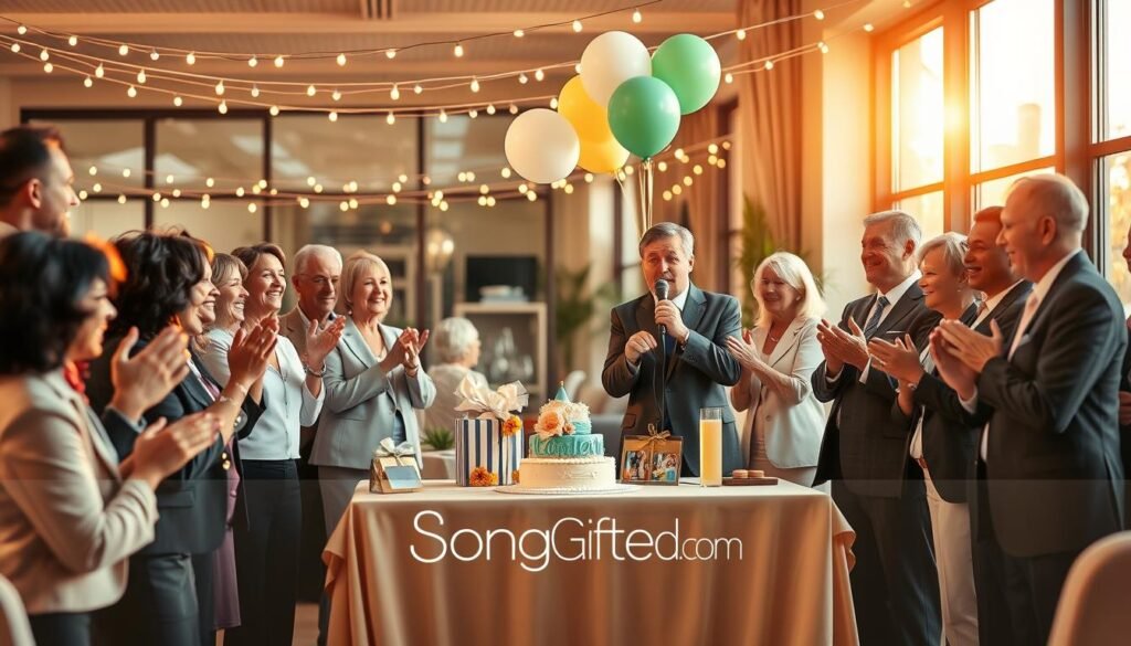 A warm and cheerful retirement celebration scene illustrating a musical tribute. In the foreground, a diverse group of professional adults in smart business attire, smiling and clapping, with one individual holding a microphone and singing a heartfelt song. In the middle, a beautifully decorated table with a cake, balloons, and personalized gifts, signifying the retiree's journey. The background features soft, warm fairy lights strung across the venue, creating a festive atmosphere. The lighting is soft and warm, evoking joy and nostalgia, as golden hour sunlight spills through large windows. Capture this moment from a slightly elevated angle, showcasing the intimate interactions and the heartfelt spirit of the occasion. The logo "SongGifted.com" subtly integrated into the decor enhances the theme of customized musical tributes.