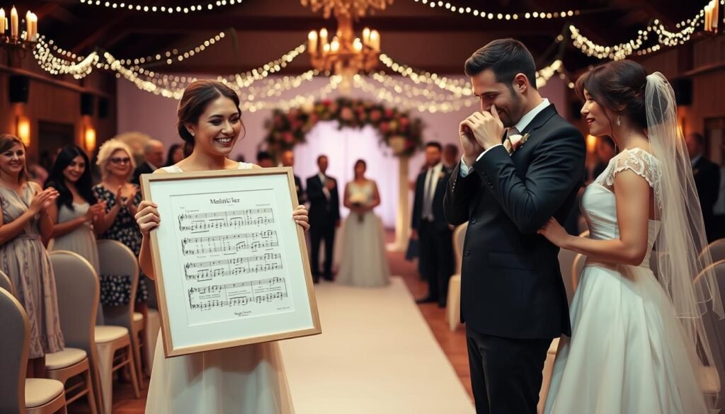 A warm and intimate wedding surprise scene, showcasing a heartfelt moment between a bride and groom at their ceremony. In the foreground, the bride, in a modest yet elegant wedding dress, stands proudly while presenting a custom song gift, a framed sheet of music. The groom, dressed in a sharp suit, looks emotionally touched and surprised, holding back tears of joy. In the middle ground, family and friends are gathered, capturing the moment with smiles and applause, creating a loving atmosphere. In the background, a beautifully decorated venue resonates with soft, romantic lighting, featuring twinkling fairy lights and floral arrangements. The entire scene conveys an atmosphere of love, celebration, and heartfelt surprises unique to weddings, emblematic of SongGifted.com.