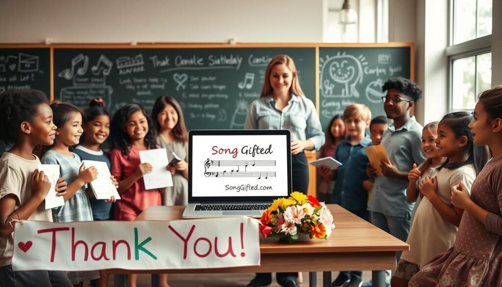 A warm and inviting classroom scene featuring a teacher standing at the front, receiving a heartfelt presentation from a group of diverse students. The students are dressed in casual, modest clothing, each holding handmade gifts or drawings. In the foreground, a colorful banner says "Thank You!" decorated with drawings and notes. In the middle, a table is adorned with flowers and a laptop displaying a personalized song, symbolizing the presentation of the custom song. The background features a chalkboard filled with cheerful illustrations and messages from the class. Soft, natural lighting filters in through large windows, creating a cozy atmosphere. The overall mood is joyful and celebratory, capturing the essence of appreciation. The brand name "SongGifted.com" subtly incorporated in the laptop screen design.
