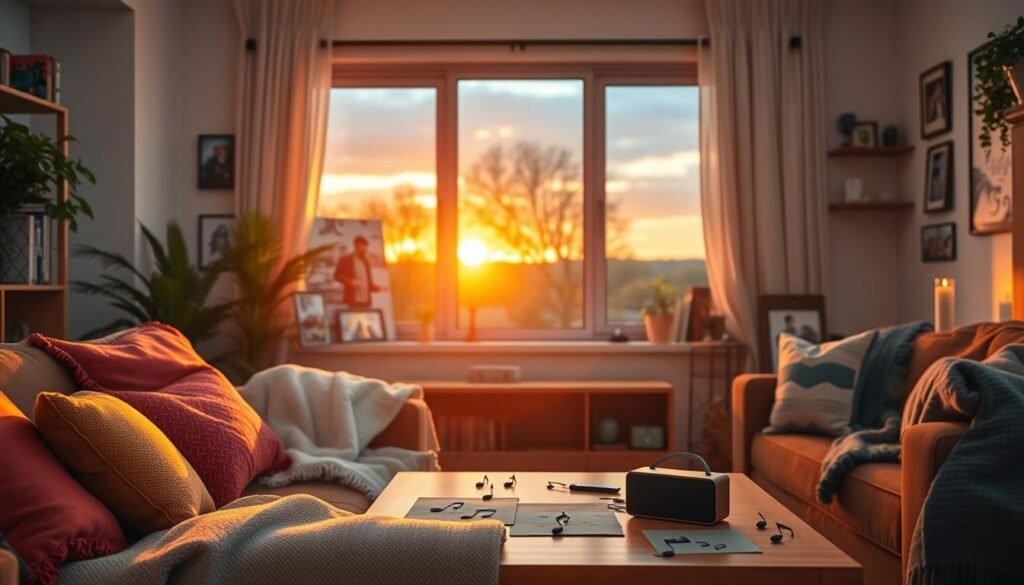 A warm and inviting living room scene that captures the essence of an unforgettable home atmosphere. In the foreground, a cozy sofa adorned with colorful throw pillows and a soft blanket, a coffee table with a Bluetooth speaker and music notes artfully scattered around. In the middle, a well-decorated shelf featuring family photos and personalized decorative items. A warm glow from varied light sources creates a heartwarming ambiance. In the background, a window showcases a sunset view, casting golden rays that illuminate the vibrant interior. Subtle details like houseplants and candles add to the comfort. The overall mood is joyful and inspiring, perfect for celebrating life’s moments. Brand name: SongGifted.com, no text overlays.
