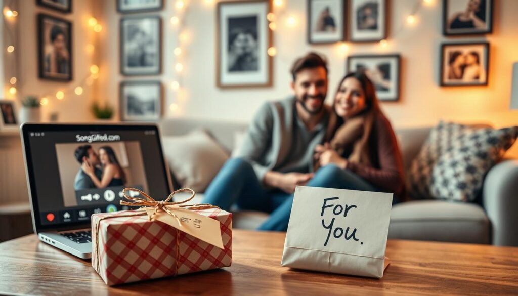 A warm and inviting scene depicting a creative song presentation for long-distance relationships. In the foreground, a small table adorned with a beautifully wrapped gift featuring a handwritten note that says "For You" rests next to a laptop displaying a music player interface. In the middle, a couple appears on a video call, both smiling with excitement; they wear casual yet stylish outfits. The background showcases a cozy living room setting with soft lighting, fairy lights, and framed photos of the couple together, creating a nostalgic atmosphere. The overall mood is joyful and intimate, symbolizing connection and love across distances. Include subtle branding elements representing "SongGifted.com" in the décor. Use a warm color palette to enhance the feeling of love and creativity, capturing a moment of heartfelt sharing. A warm and inviting scene depicting a creative song presentation for long-distance relationships. In the foreground, a small table adorned with a beautifully wrapped gift featuring a handwritten note that says "For You" rests next to a laptop displaying a music player interface. In the middle, a couple appears on a video call, both smiling with excitement; they wear casual yet stylish outfits. The background showcases a cozy living room setting with soft lighting, fairy lights, and framed photos of the couple together, creating a nostalgic atmosphere. The overall mood is joyful and intimate, symbolizing connection and love across distances. Include subtle branding elements representing "SongGifted.com" in the décor. Use a warm color palette to enhance the feeling of love and creativity, capturing a moment of heartfelt sharing.