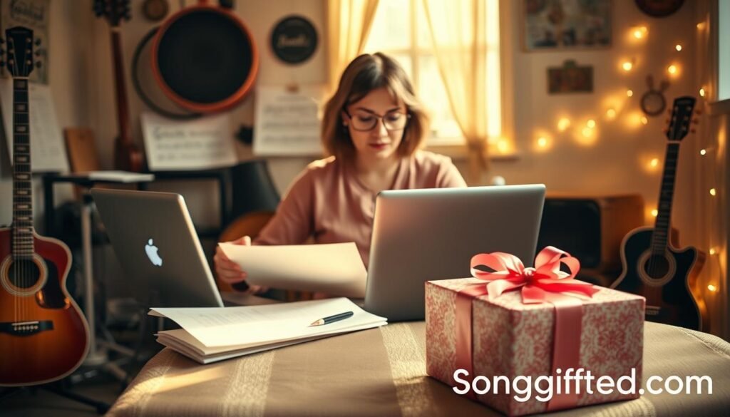 A warm and inviting scene depicting a creative songwriter in a cozy, sunlit studio, surrounded by musical instruments and sheets of handwritten lyrics. The songwriter, a middle-aged woman dressed in modest casual clothing, is focused on her laptop, where a gentle melody plays, representing the process of personalized song creation. In the foreground, a beautifully wrapped gift box is prominently displayed, symbolizing the concept of custom songs as heartfelt gifts. In the background, soft fairy lights twinkle along the walls, enhancing the intimate atmosphere. The lighting is soft and golden, casting gentle shadows, while a shallow depth of field emphasizes the songwriter’s concentration on her work, creating a sense of warmth and inspiration. Add a subtle watermark of "SongGifted.com" in the lower corner, ensuring it blends seamlessly into the overall aesthetic.