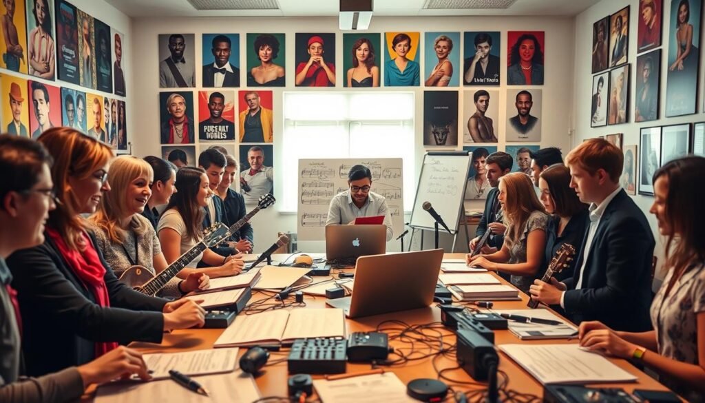 A warm and inviting scene depicting the "SongGifted.com" personalized musical creation process. In the foreground, a diverse group of teachers and students, dressed in smart casual attire, are gathered around a large table filled with musical instruments, sheets of music, and recording equipment. In the middle, a focused composer is working on a laptop, writing lyrics and melodies, while another participant is brainstorming ideas on a whiteboard. In the background, a softly lit room filled with colorful posters of famous musical legends, symbolizing creativity and inspiration. Natural light filters through the windows, creating an uplifting and joyful atmosphere, conveying collaboration and appreciation. The overall mood is cheerful and dynamic, highlighting the unique aspects of creating a custom song.